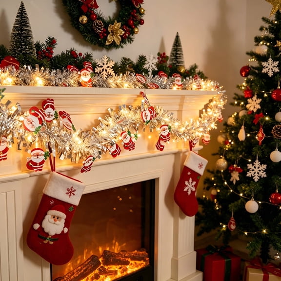 Silver Christmas Tinsel Garland with Santa Cutouts & Warm LED Lights, Pre-Lit Xmas Tree Wreath Decor Strip for Holiday Home Decor