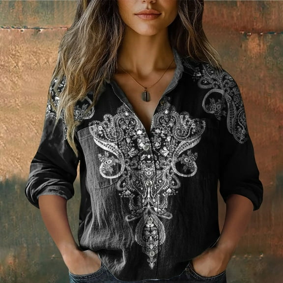 Cotton Shirt, Printed Fashionable, 7/4 Sleeves Button Up Casual Top, Black 4XL, Size S-XXXXXL