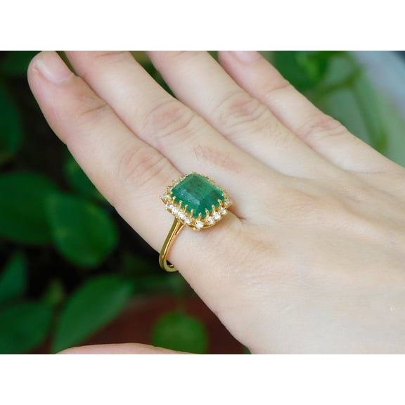 21 Carats Octagon Zambian Emerald And Diamond Engagement Ring / 14k Gold Plated 925 Sterling Silver Women Gift Ring / Christmas Gift Ring