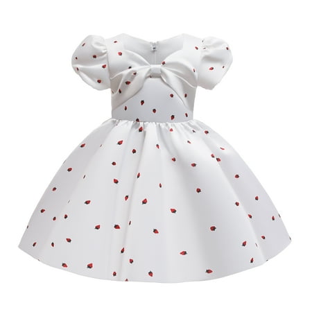 

OLLUISNEO 3-4 Years Toddler Baby Girls Dress Strawberry Prints Short Bubble Sleeve Party Formal TuTu Dress White