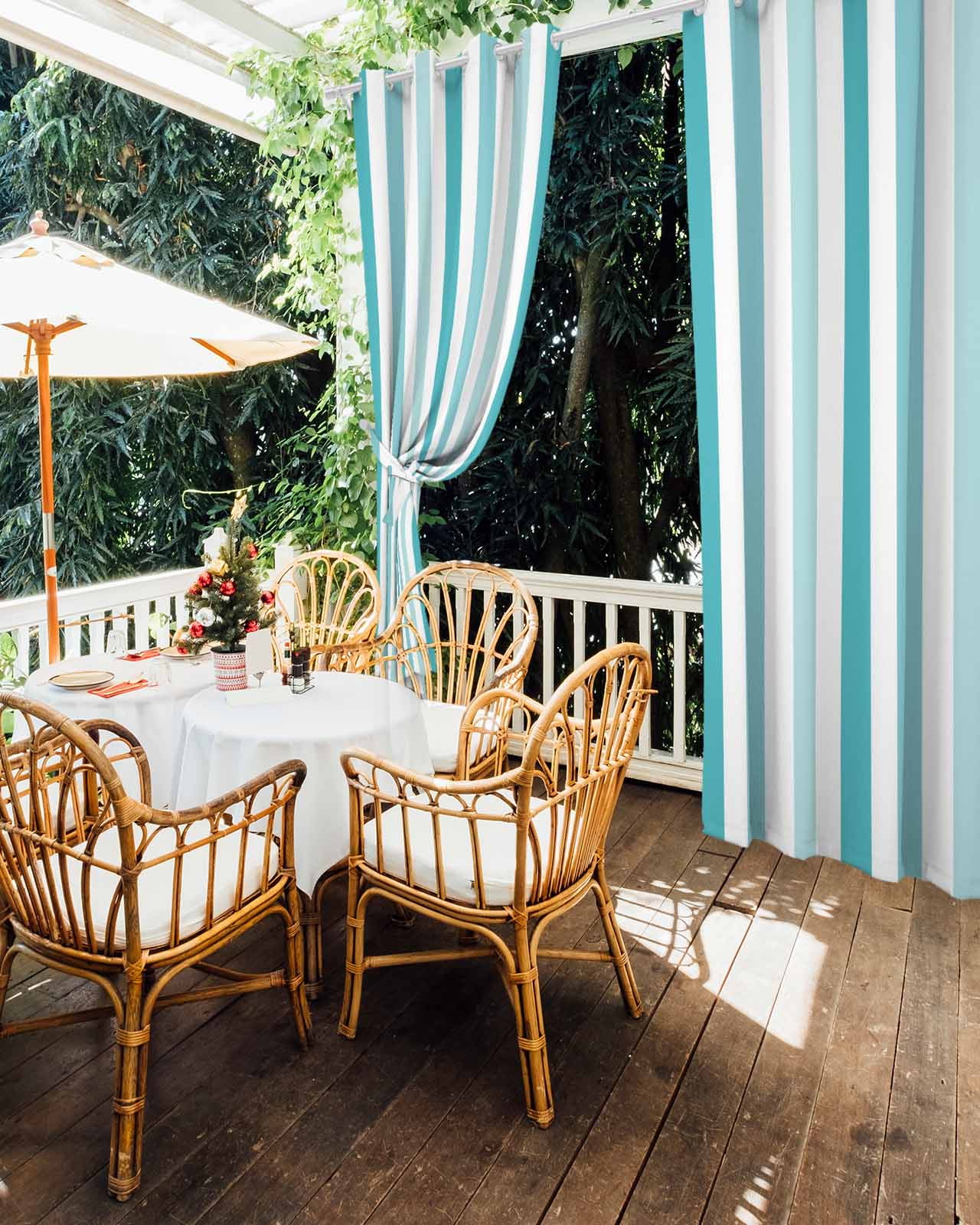 Teal Aqua Stripe Outdoor Curtains for Patio, Gradient Geometric White Vertical Striped Privacy Drapes Grommet Waterproof Outside Curtains for Porch/Cabana/Balcony 54"x 84", 2 Panel