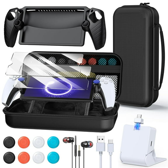 Carrying Accessories Kit for PS Portal, Magnetic Portable Charger with Protective Case, 2 Screen Protectors, Wired Headphone, 8 Thumb Grips-Black