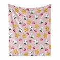 thumbnail image 1 of Anime Soft Flannel Fleece Throw Blanket, Happy Crying Cartoon Rice Balls Cherries Stars Pattern on Stripes Art, Cozy Plush for Indoor and Outdoor Use, 50" x 70", Pink Yellow and White, by Ambesonne, 1 of 6