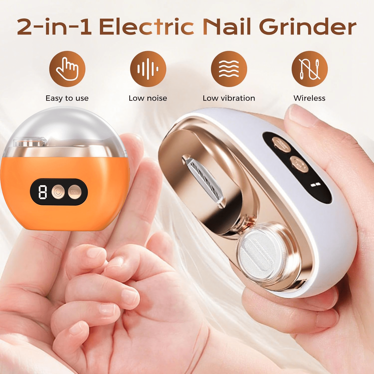 Multi-Functional Electric Nail Trimmer, 2026 Upgraded 2 in 1 Electric Polishing Automatic Nail Clippers, Electric Nail Clipper with 3 Speed Levels, Automatic Nail Trimmer & Grinder (Orange)