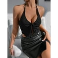 thumbnail image 2 of Y2k Front Tie Crop Tops Halter Neck Flowy Plisse Summer Going Out Top Split Sleeveless Shirt Black L, 2 of 8
