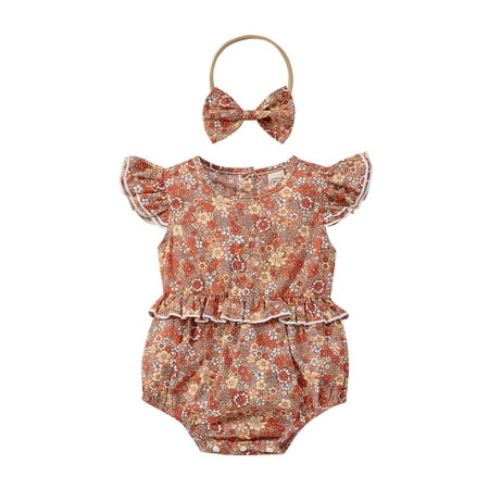 

jaweiw 2Pcs Baby Girls Summer Romper Floral O-Neck Ruffle Sleeves Bodysuit + Bow Headband for Toddler Size 0 6 9 12 18 Months 3 Colors