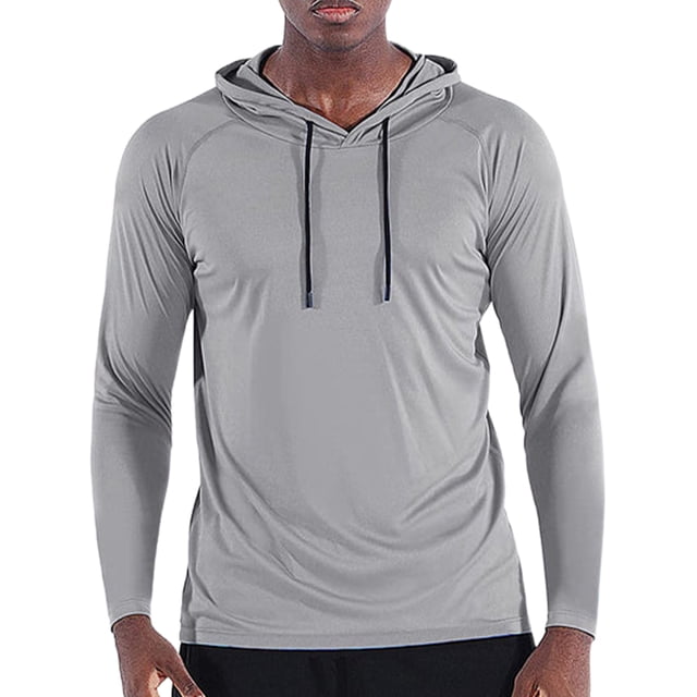 camisetas para hombres manga larga protección solar spf 50+ uv tops color sólido casual deportes sudaderas sudadera gris con capucha de corte recto, vista frontal centrada; tejido liso de poliéster y licra, mangas largas raglán, cordón negro en la capucha, longitud hasta la cadera, adecuada para primavera y verano, modelo sobre fondo blanco; a menudo usada para actividades deportivas al aire libre.
