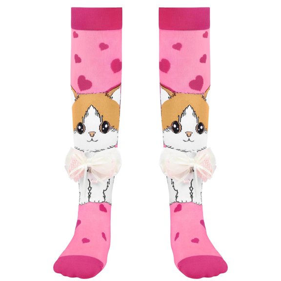 Viluyesy Kids Girls Knee High Socks with Cartoon Prints Soft Cotton Stretchy Ribbed Cuff Socks Pink Size 3-12Years