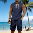 thumbnail image 2 of Mens Linen Sets 2 Piece Outfits Lace up Sleeveless Shirt and Medieval Viking Pirate Shorts Set Vacation Outfit for Men Summer Beach Suits Big and Tall Size S-3XL Navy, 2 of 9