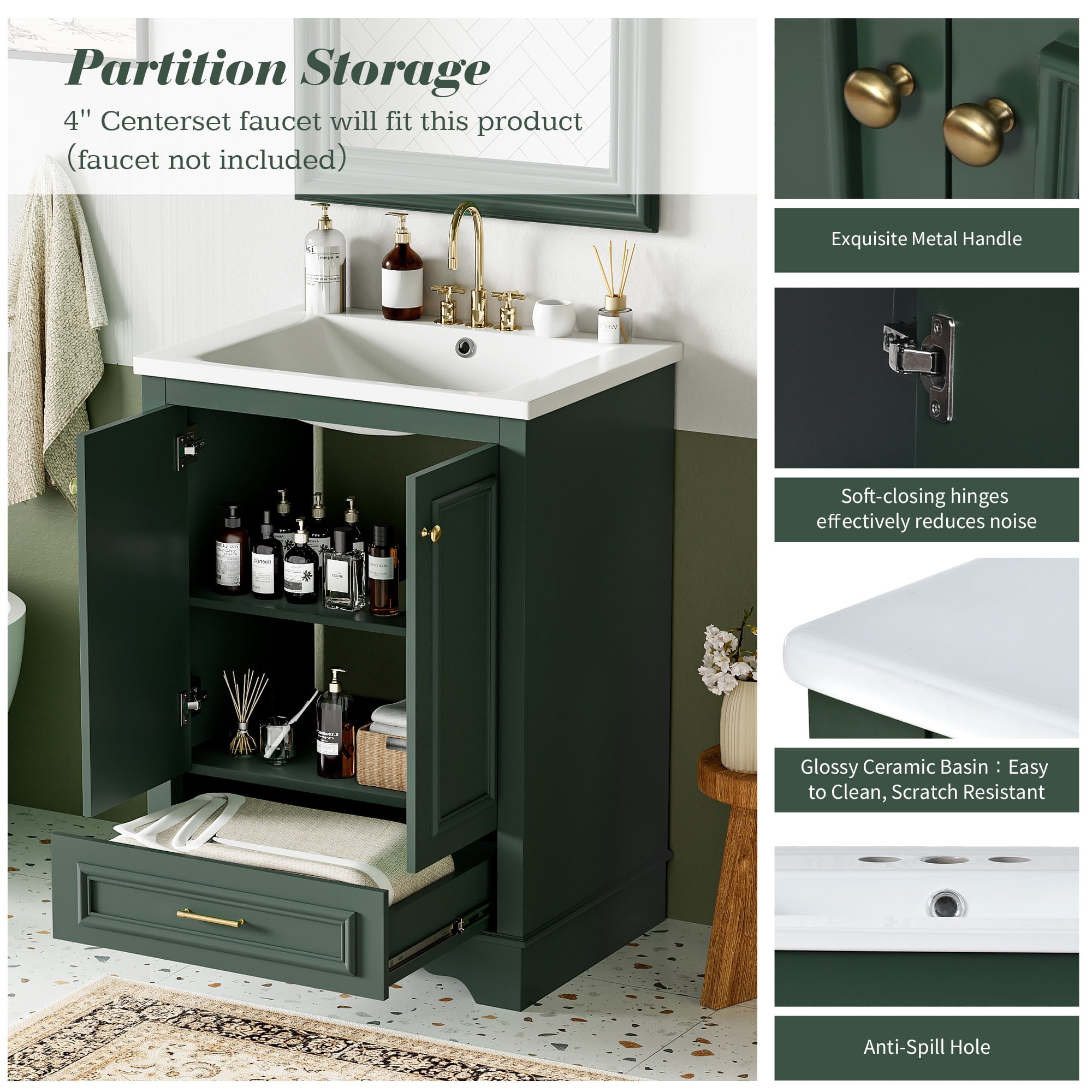 Homy Casa 24" Bathroom Vanity with Sink, Ceramic Top Storage Cabinet for Small Bathrooms, Dark Green
