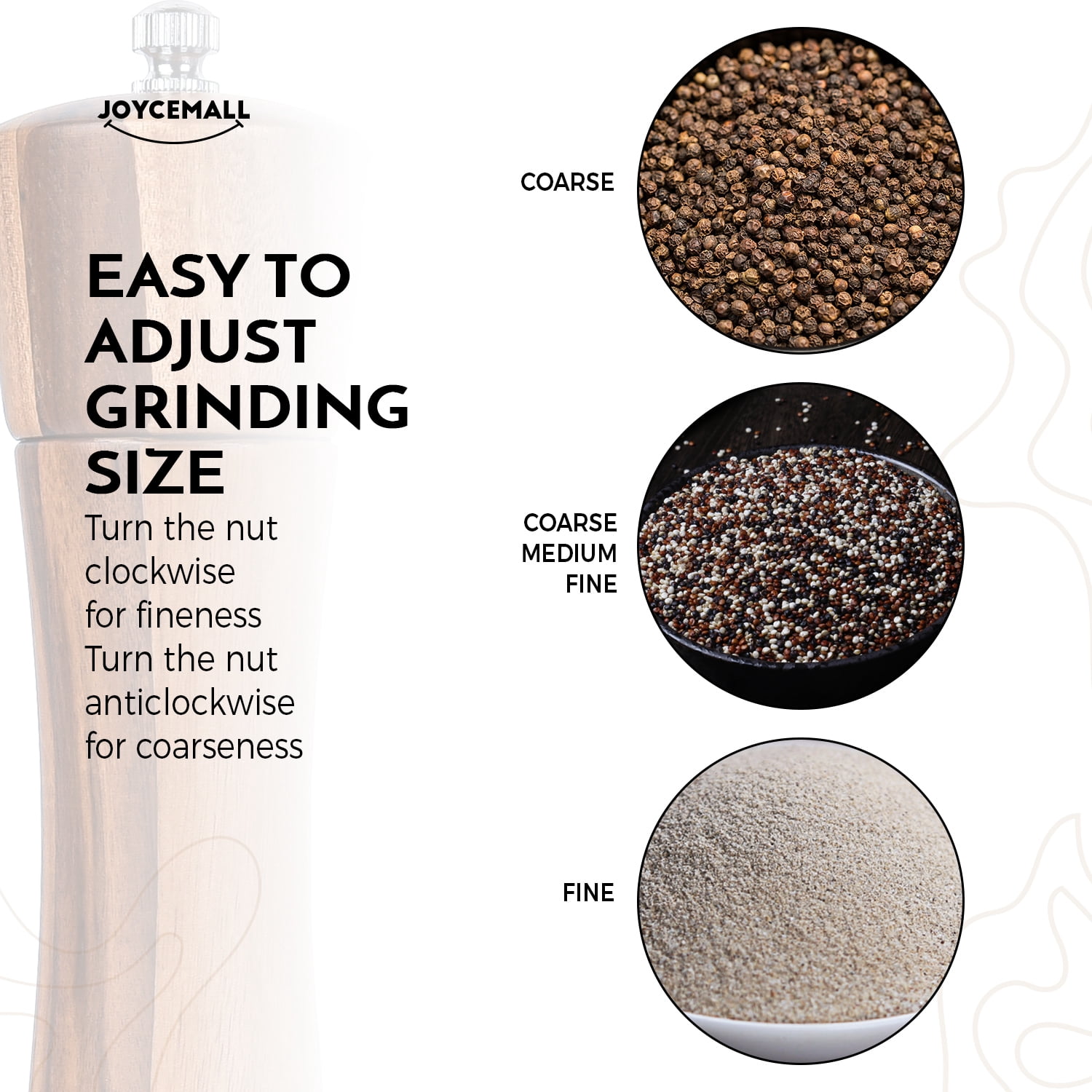 6.5 inch Wood Salt and Pepper Grinder Set, JOYCEMALL Set of 6 Manual Salt and Pepper Grinder with Ceramic Grinding Rotor - Pepper and Salt Mill, Wooden Standing Tray, 2 Cleaning brushes, Spoon