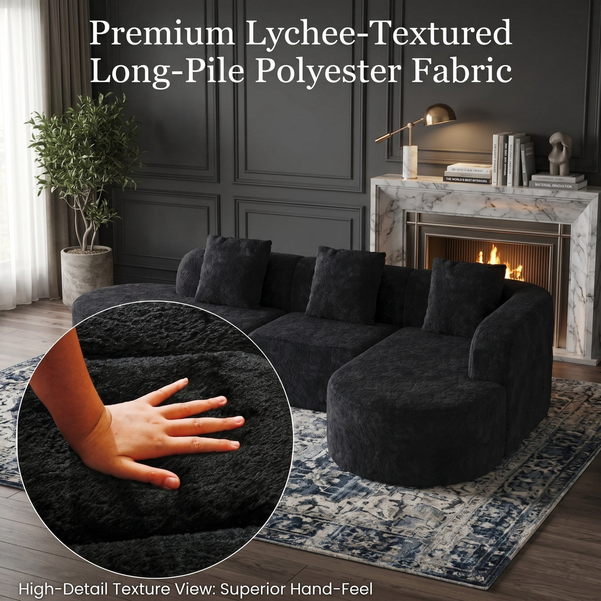 Sailvan 111.8" L-Shaped Curved Modular Sofa, Modern Lychee-Textured Sectional with Chaise, 3 Pillows Black