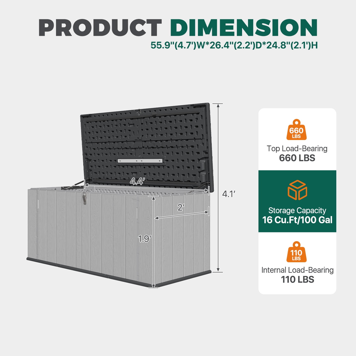 BaPiPro 16 Cu.ft/120Gal Large Outdoor Resin Storage Cabinet with Floor, Waterproof Resin Shed, All-Weather Lockable Large Deck Box for Outdoor, Patio, Backyard, 4.7'x2.2'x2.1'