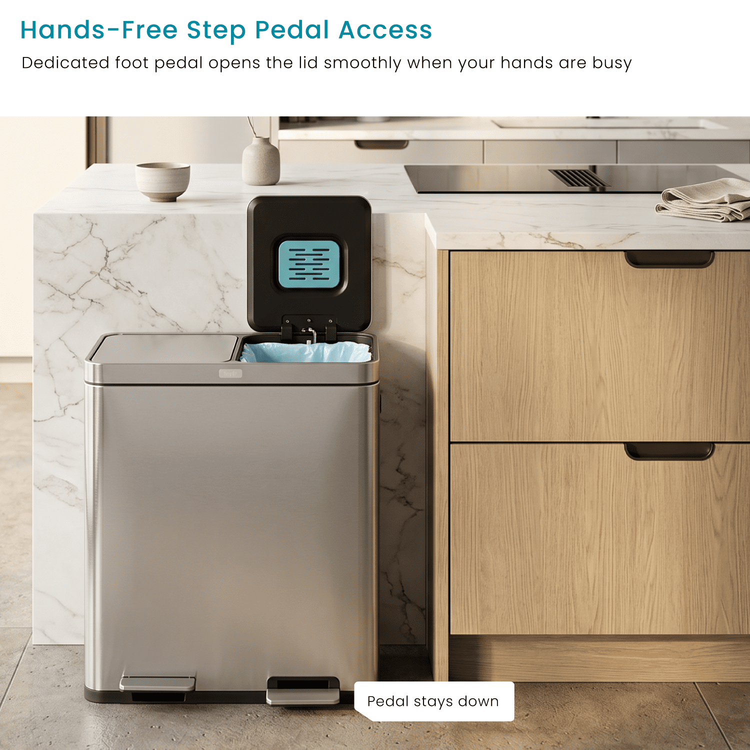 Home Zone Living 16 Gallon Kitchen Trash Can with CleanAura and Dual Compartments, Stainless Steel, Silver
