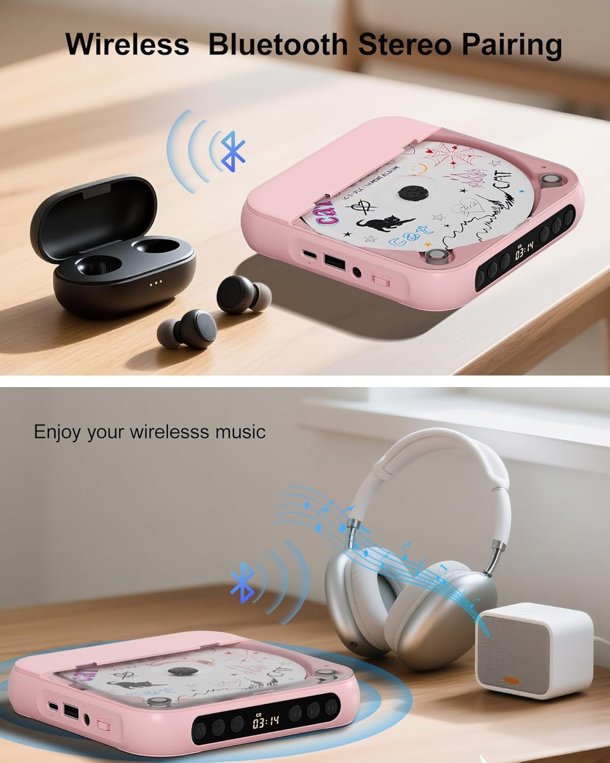 otnbgsr Portable CD Player Bluetooth 2026 Upgrade Rechargeable Music Player Dual Speakers LCD Display Support CD USB AUX MP3 with Headphones