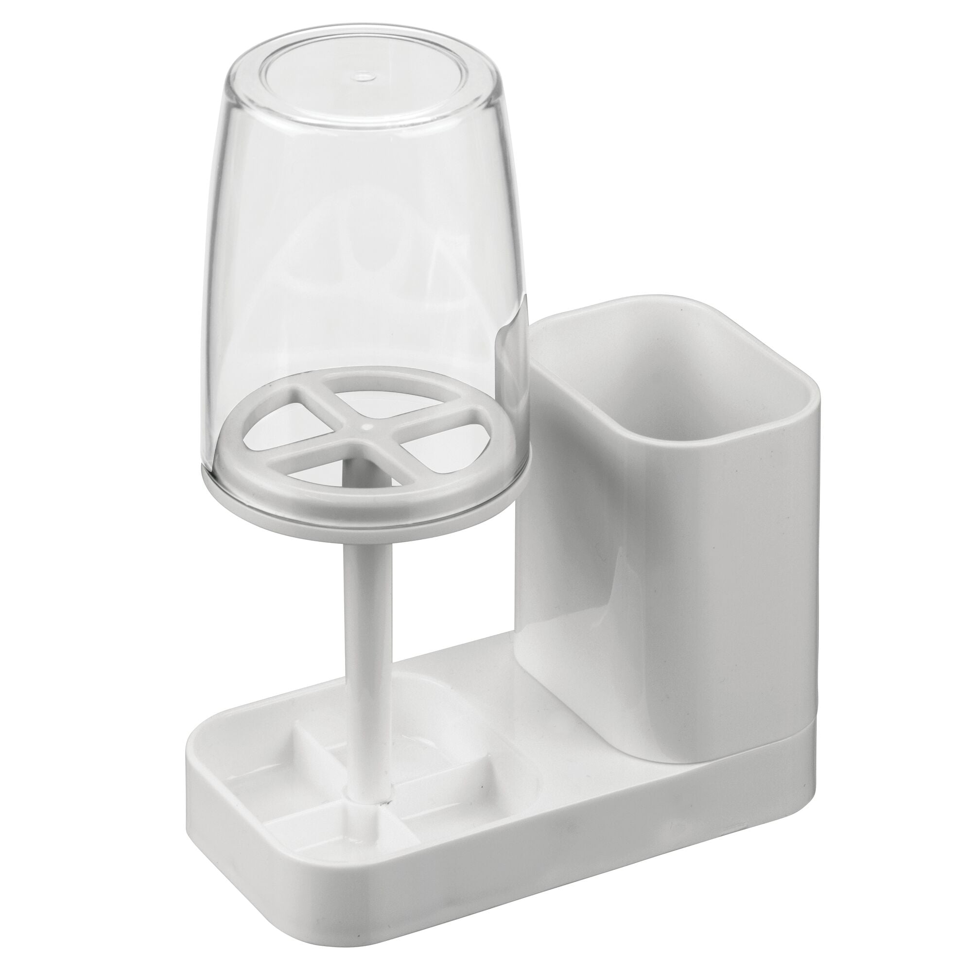 mDesign Toothpaste & Toothbrush Holder with Rinsing Cup - White/Satin/Clear  