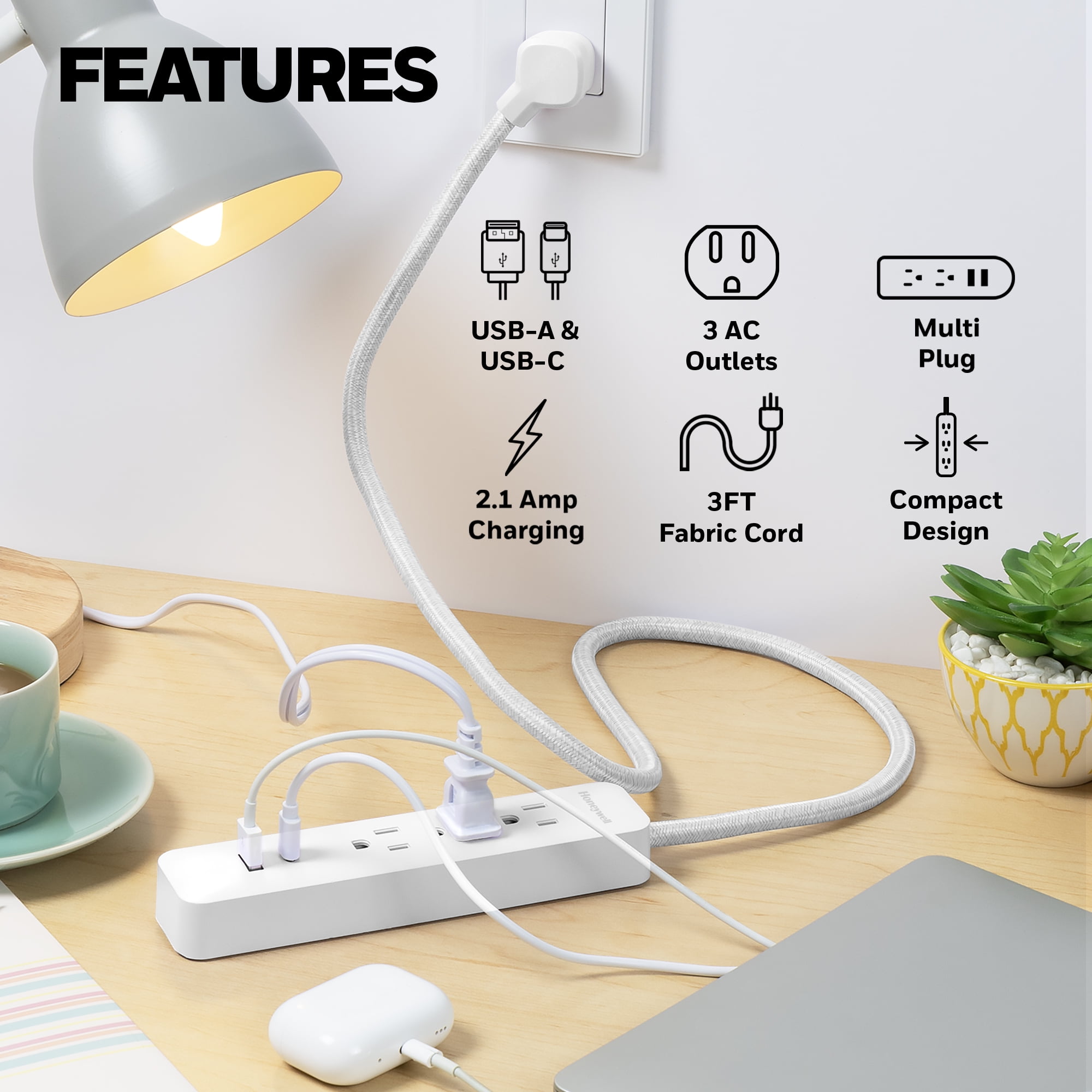 Honeywell 2-in-1 Pack Power Strips - 6 AC Outlets Surge + 3 AC 2 USB Strip (1 USB-A + 1 USB-C 2.1A) - White