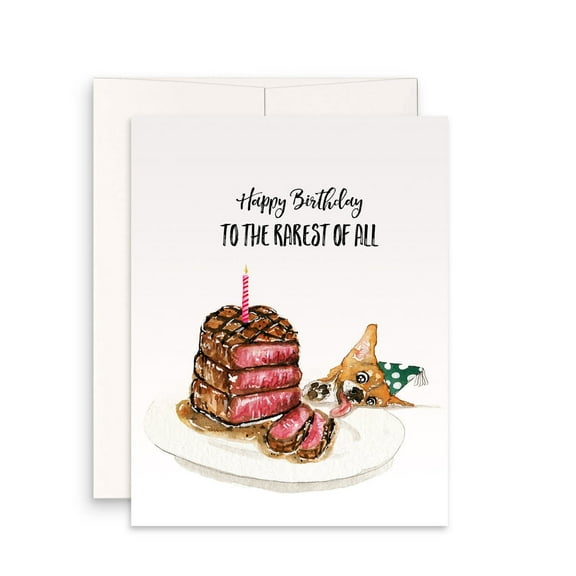 Happy Birthday Greeting Card – Unique Steak Design with Dog – Perfect for Meat Lovers – Blank Inside, Envelope Included for Any Birthday Celebration