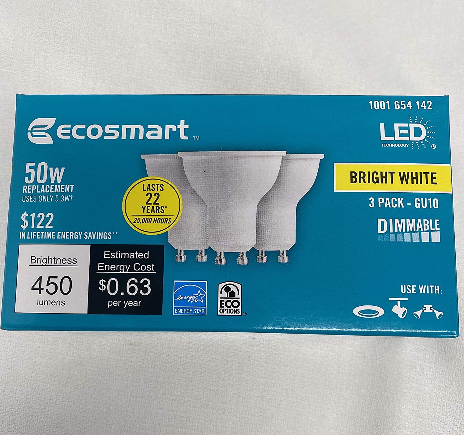 EcoSmart 50w Gu10 LED 450 Brightness Dimmable White Light Bulbs 1001654142 for sale online Pack of 3 