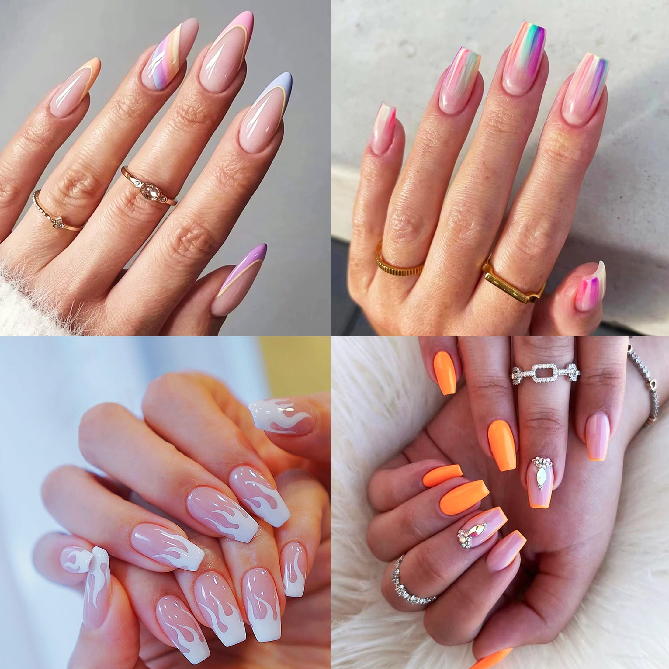 Press On Nails for women , Short false nails acrylic full coverage 4 models 96 pieces press on