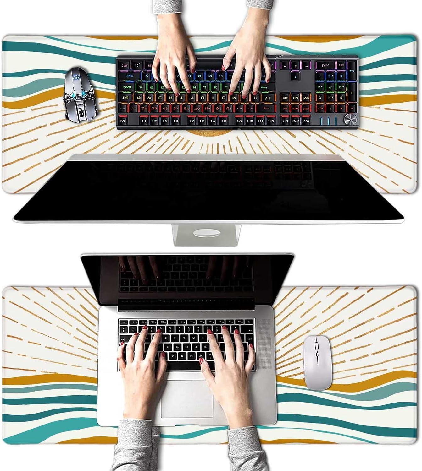Large Gaming Mouse Pad, Keyboard Mouse Mat,Non-Slip Rubber Base Mousepad with Stitched Edges, Waterproof Keyboard Mouse Mat Desk Pad for Work, Laptop, 31.5 X 11.8 Inch, Gold Sun and Teal Ocean Waves