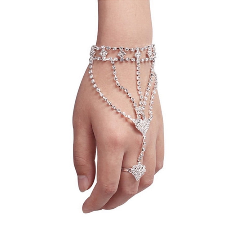 Women Girl Silver Chain Bangle Bracelet Adjustable Rhinestone Bracelets