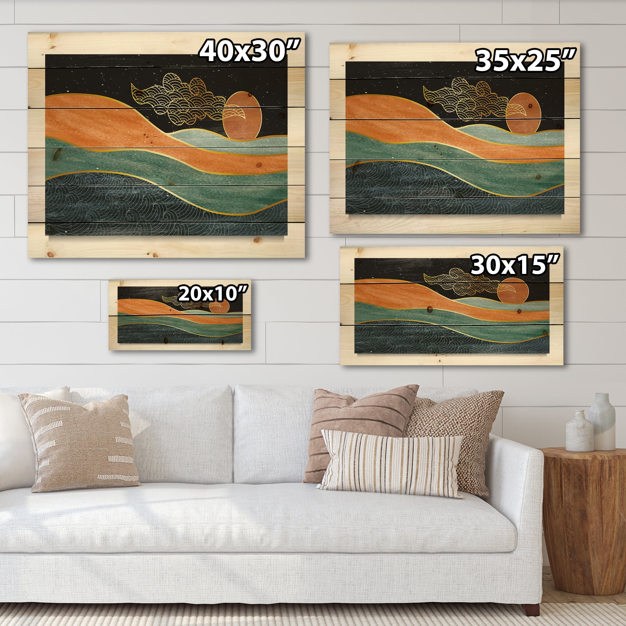 Designart 'Abstract Nature Sea Sun Sky Mountain Landscape' Modern Print on Natural Pine Wood
