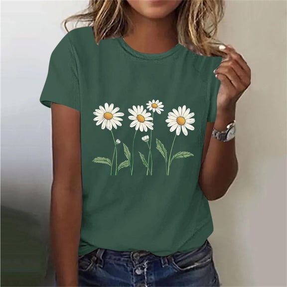 Xdegoge Womens Botanical Daisy Garden Graphic Short Sleeve Crewneck T Shirt Wildflower Print Nature Inspired Summer Casual Loose Comfort Fashion Tee Artistic Floral Pattern Style Tops Shirts
