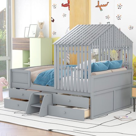 Low Loft Bed with 4 Drawers  Full Size House-shaped Bunk Bed for Kids Teens  Solid Wood Bed Frame with Guardrails and Roof  No Box Spring Needed  Gray  L0123