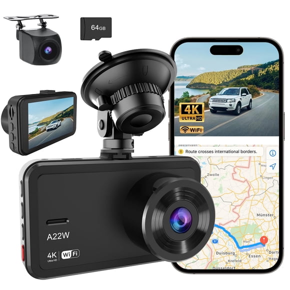Dash Camara para Auto, 4K Dashcam Cámara Coche con WiFi y GPS Camara Coche, Camara automovil Frontal y Trasera, Visión Nocturna, Control de App, Parking Mode, 3.0" Pantalla IPS con Tarjeta SD 64GB