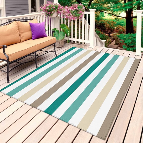 Teal Brown Striped Outdoor Rug for Patio/Deck/Porch, Non-Slip Large Area Rug 3 x 5 Ft, Farmhouse Stripes Simple Art Indoor Outdoor Rugs Washable Area Rugs, Reversible Camping Rug Carpet Runner