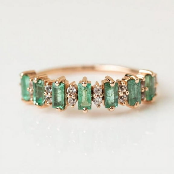 Vintage Emerald Engagement Ring, Unique Baguette Cut Emerald Wedding Band, Stackable Solid Gold Ring May Birthstone Anniversary Promise Gift