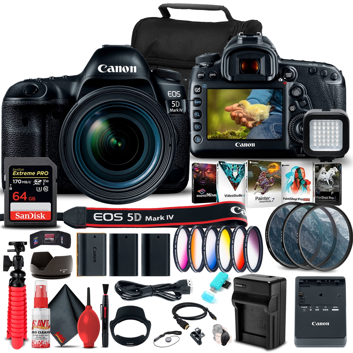 Canon EOS 5D Mark IV DSLR Camera with 24-70mm F4L Lens 1483C018 64GB Memory Card Color Filter Kit Filter Kit 2 x LPE6 Battery External Charger Card Reader LED Light International Model