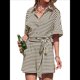 thumbnail image 3 of Mono Corto Informal de Verano A Rayas para Mujer, de Corta, con Botones y Cinturón, con Cintura Elástica. L, 3 of 8