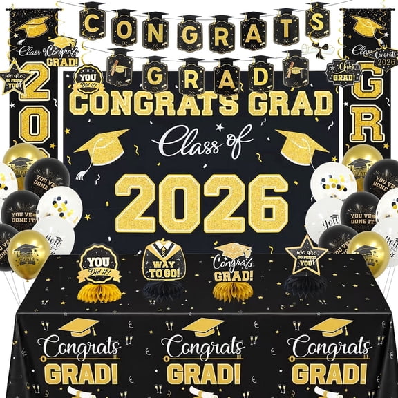 Kabuer Graduation Decorations Set Black and Gold Class of 2026 Party Supplies with Banner Balloons Backdrop Tablecloth  Party Supplies