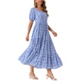 thumbnail image 4 of Vestido largo bohemio de verano con flores y mangas cortas, cuello cuadrado, con bolsillos, para mujer, color azul, 4 of 6