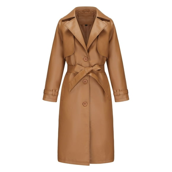Pisexur Womens Jacket Leather Jackets Trench Coats Winter Coats Womens Solid Color Trench Coat Long Buttons Belt Casual Jacke Long Sleeve Leather Hoodless Cardigan Tops