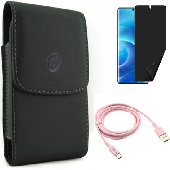 Case Belt Clip w Privacy Screen Protector w 6ft USB-C Cable for Samsung Galaxy S20 - Leather Holster, TPU Film [NOT GLASS], Pink Charger Cord J4G fits Samsung Galaxy S20 Model