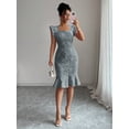 thumbnail image 3 of Elegant Jacquard Commuter Dress, Summer Floral Square Neck Knee-Length Dress for Women, 3 of 10