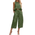 thumbnail image 2 of Guieoi Capri Pants for Women Plus Size with Pockets Cotton-Linen Sleeveless Set Tank Top + 7/8 Length Cropped Trousers Green L, 2 of 5