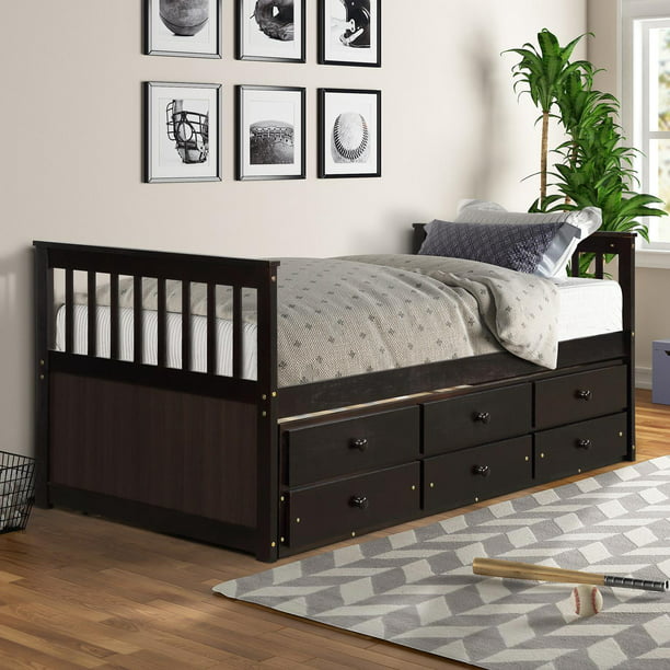 Wooden Platform Bed For Kids Guests, Madison Grey Captain S Twin Bookcase Bed With Trundle