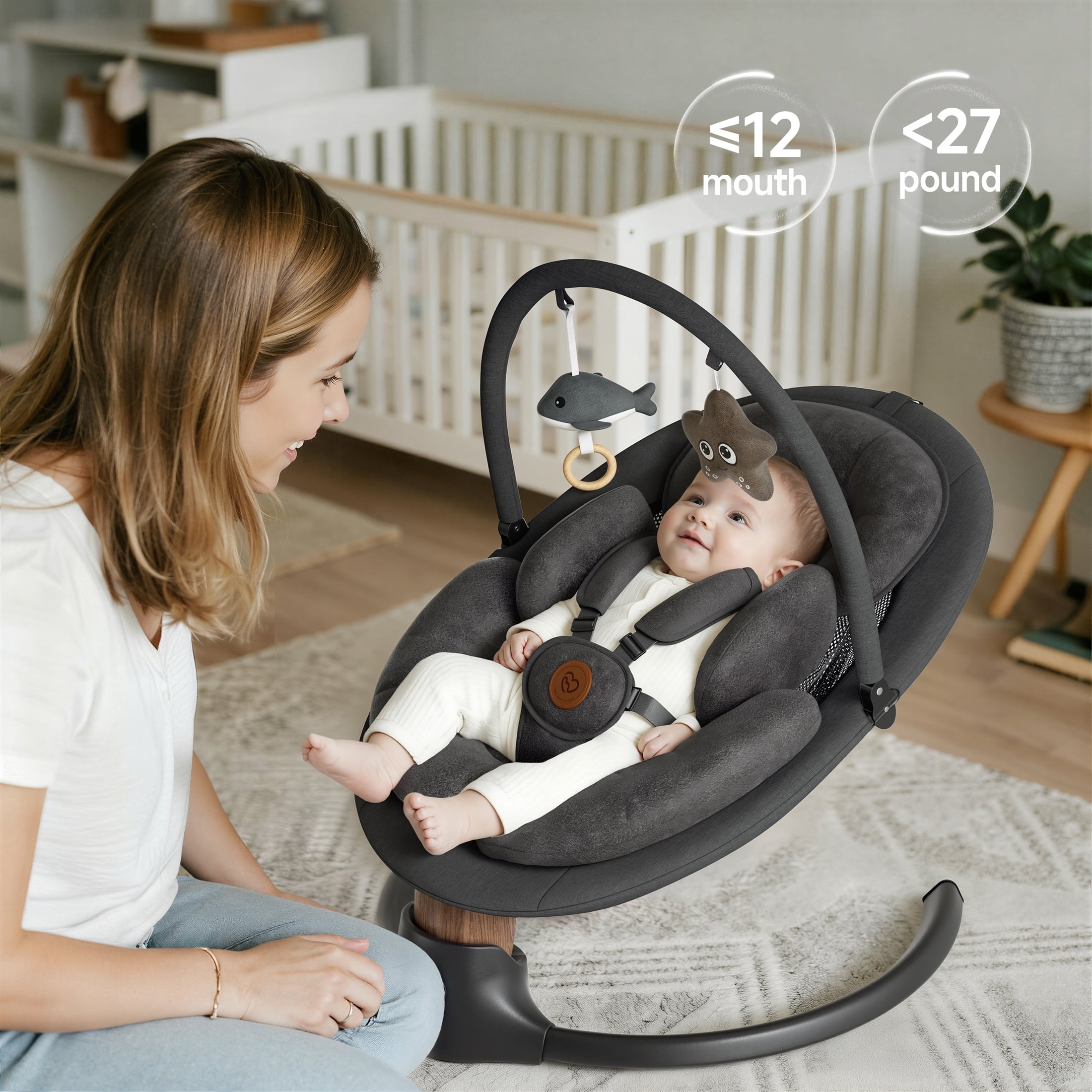 Babyomi Portable Baby Swings for Infants to Toddler, Electric Swing with Music Speaker, 3 Seat Positions , 5 Speeds, and Remote Control - Infant Swing for Indoor and Outdoor, Black