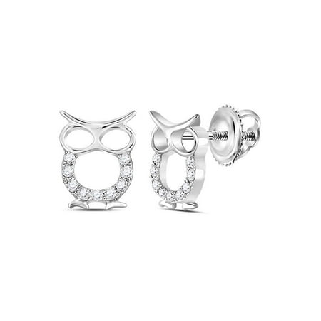 Animal White Earrings - Sterling Silver Womens Round Diamond Owl Animal Stud Earrings 1/6 Cttw