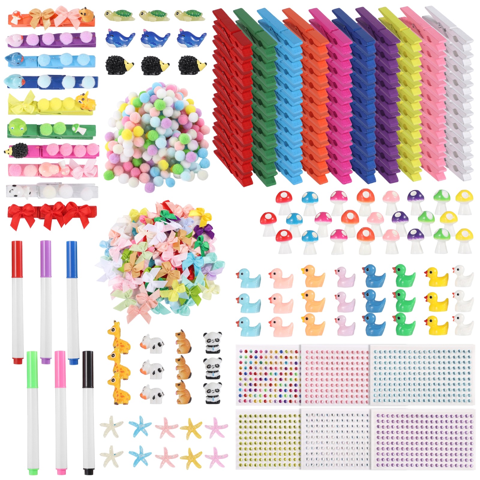 392 PCS Cheer Pins Spirit Clips Set, DIY Cheer Clips for Backpack, Includes 100 Colorful Wooden Clips, Fluffy Balls, Fabric Bows, Resin Animal Figurines for Craft Projects
