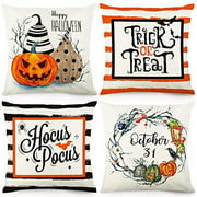 CDWERD Halloween Pillow Covers 18x18 Inch Set of 4 Fall Throw Pillowcase Striped Trick or Treat Vintage Watercolor Pumpkin Wreath Decorations Linen Cushion Case for Home Decor