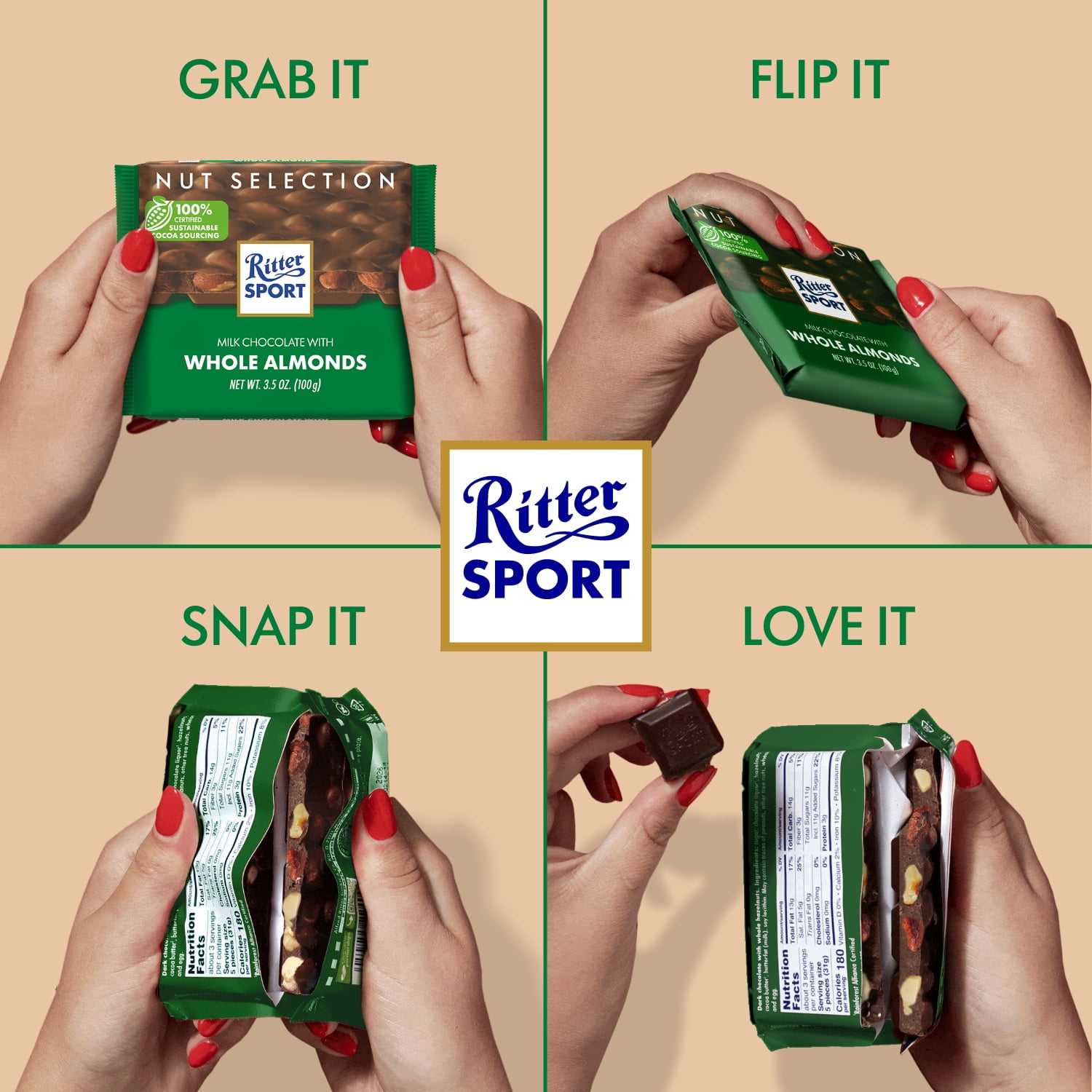 (2 pack) Ritter Sport Milk Chocolate Candy Bar with Crunchy Whole Almonds – Authentic German Chocolate, Wrapped, 3.5 oz
