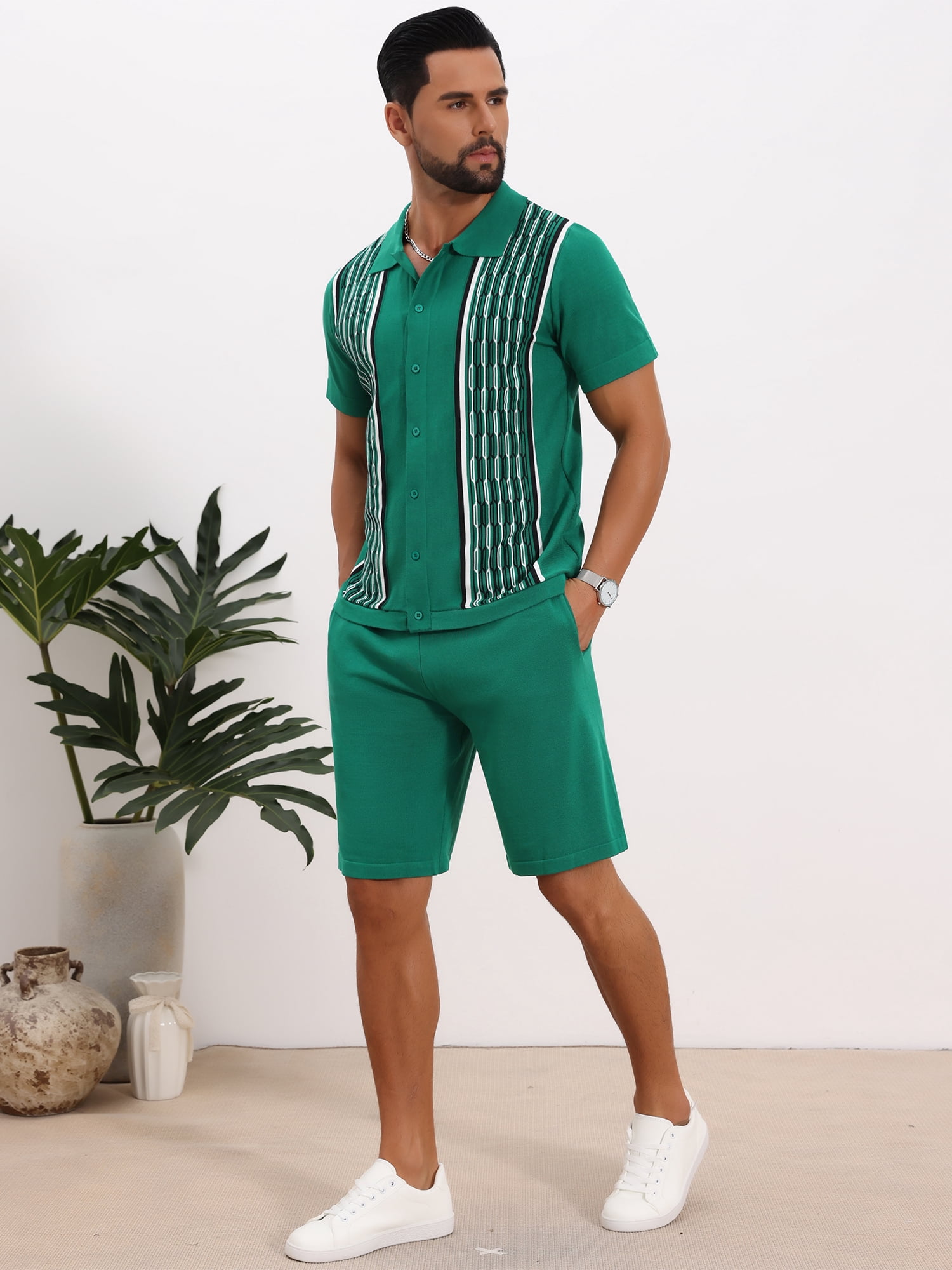 DARING DIVA Men's 2 Pieces Sets Summer Polo Shirt & Shorts Printed Knit Outfits 2XL Green