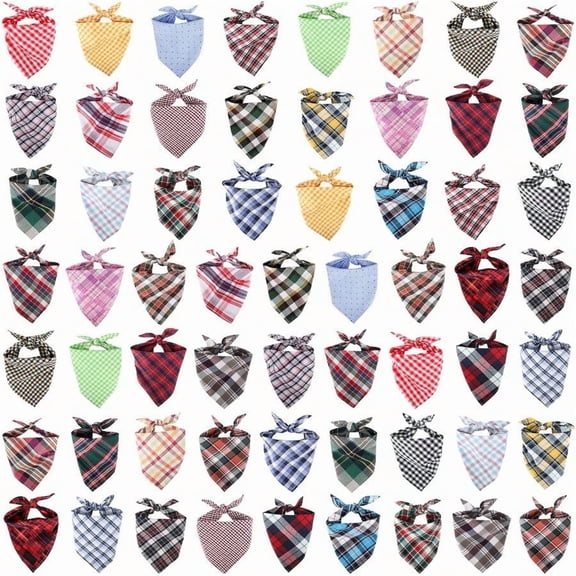 60 Pack Washable Plaid Bibs 22.8"X15.7" Pet Scarf Triangle Dog Bandanas Accessories Bulk For Small Medium Dogs Cats Large Puppy Adjustable Reversible Boy Pets Birthday Kerchief