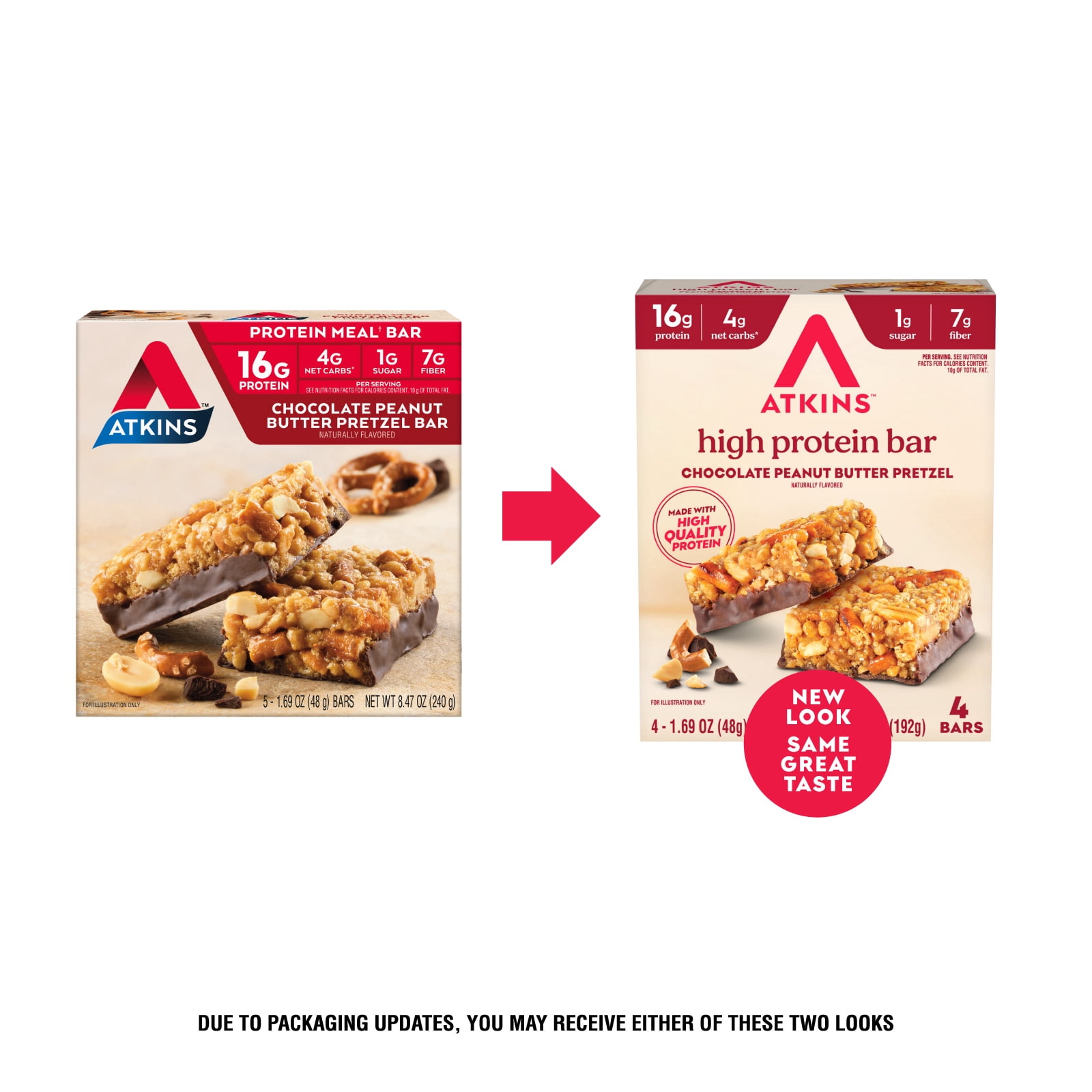 Atkins High Protein Bars, Chocolate Peanut Butter Pretzel Flavored, 16g Protein, 1g Sugar, 4 Count