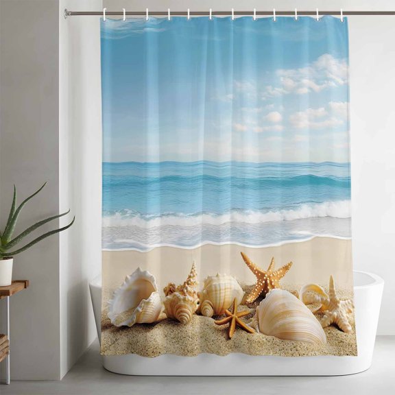 Shower Curtains for Bathroom-36"x72",Beach Conch Starfish Summer Ocean Waterproof Bath Curtain Grommet Shower Curtain Set with Hooks,